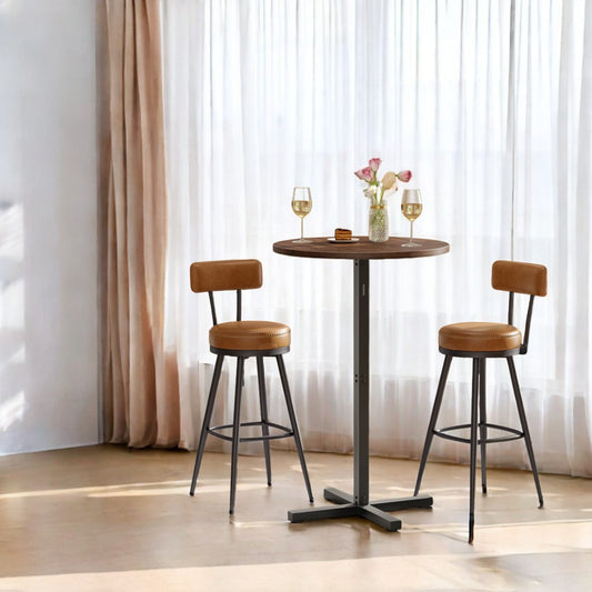 41.1-Inch Round Bar Table, High Top Cocktail Table with Cross Base & Adjustable Feet, for 2-3 People, Natural Walnut