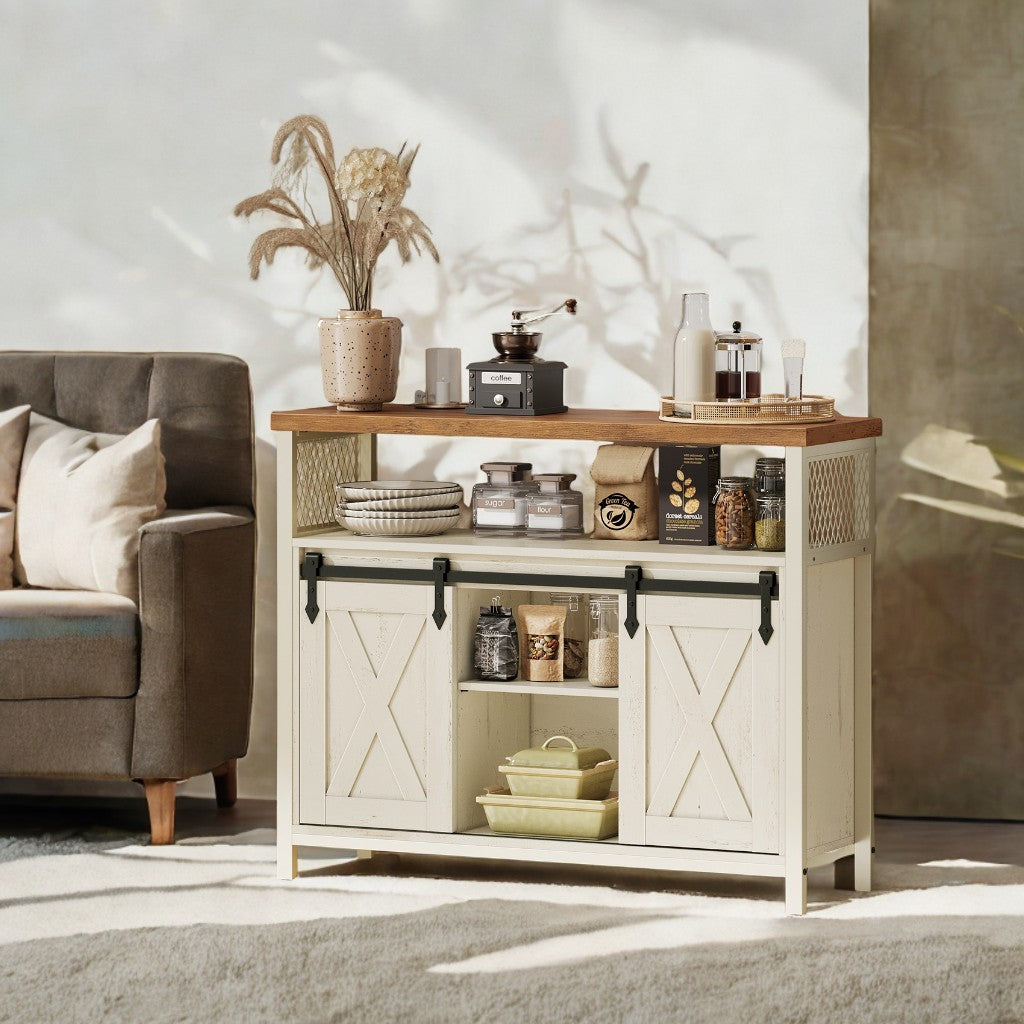 Buffet Cabinet, Coffee Bar Storage with 2 Sliding Barn Doors & Adjustable Shelves, 39.4 Inch Sideboard for Living Room, Rustic White & Brown