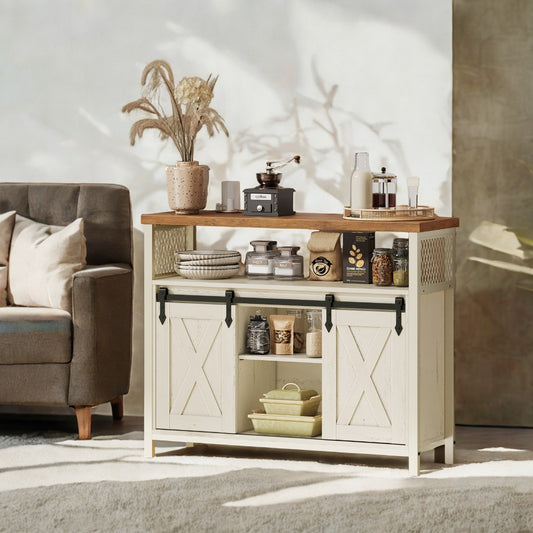 Buffet Cabinet, Coffee Bar Storage with 2 Sliding Barn Doors & Adjustable Shelves, 39.4 Inch Sideboard for Living Room, Rustic White & Brown