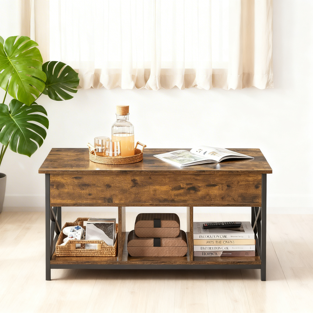 Lift Top Coffee Table with Storage Shelf, 39.4 Inch Industrial Lift Table with Hidden Compartment, Rustic Brown and Black