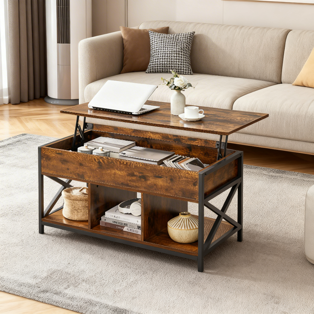 Lift Top Coffee Table with Storage Shelf, 39.4 Inch Industrial Lift Table with Hidden Compartment, Rustic Brown and Black