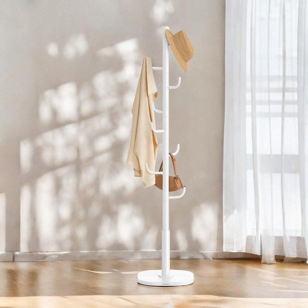 Freestanding Coat Rack with Cactus-Style Design, 8 Curved Hooks, Stable Wide Base, 69-Inch Standing Organizer for Clothes, Hats & Bags, Cloud White