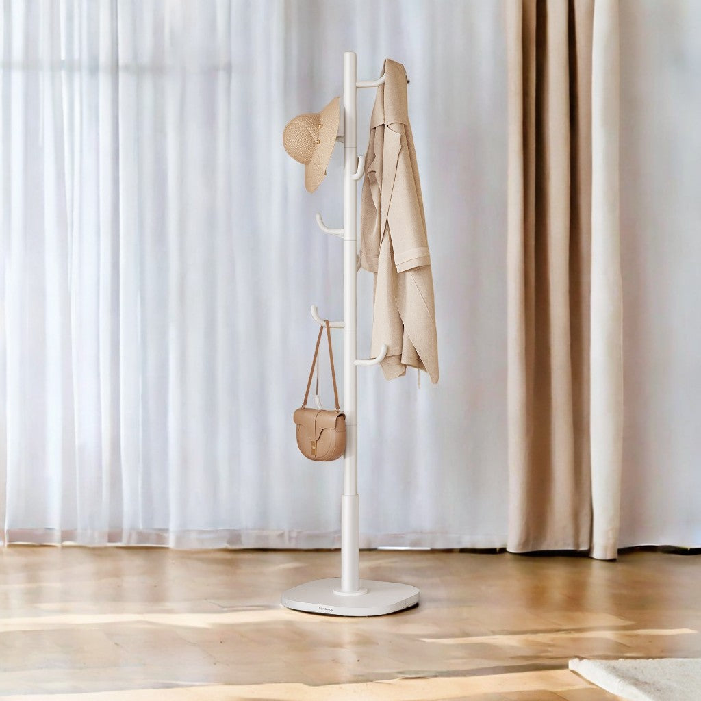Freestanding Coat Rack with Cactus-Style Design, 8 Curved Hooks, Stable Wide Base, 69-Inch Standing Organizer for Clothes, Hats & Bags, Cloud White