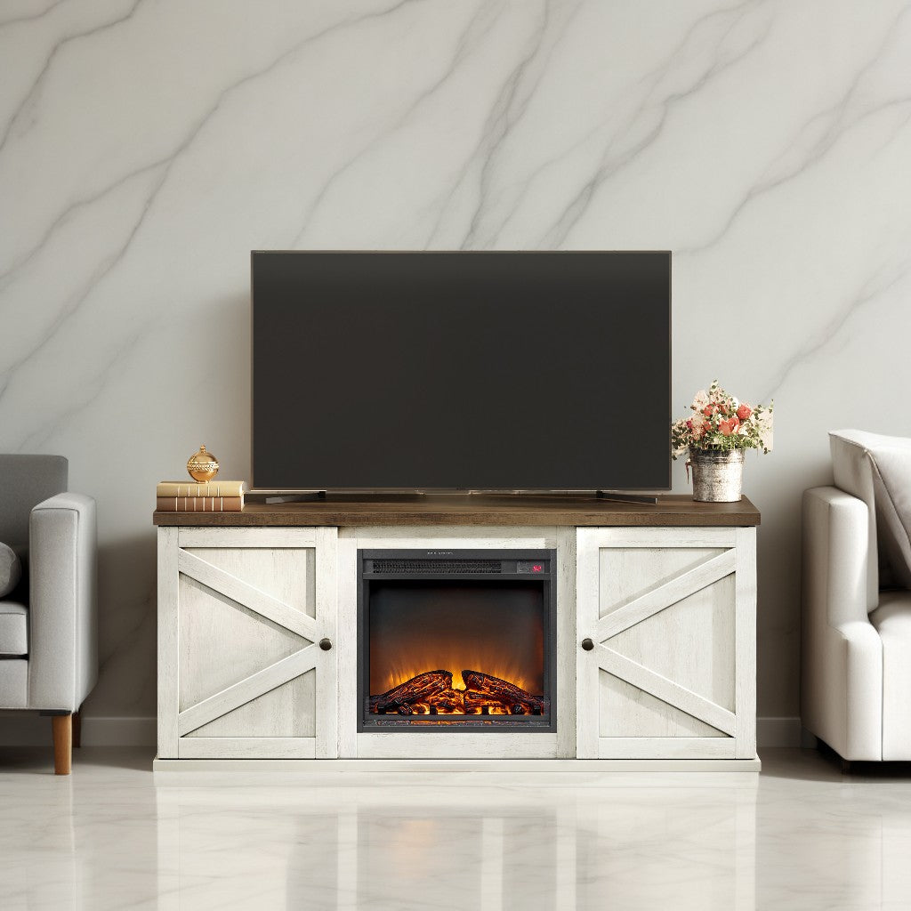 Fireplace TV Stand for TVs up to 65 Inch, Media Console with 18-Inch Electric Fireplace & Remote, Farmhouse Entertainment Center, Rustic White and Honey Brown