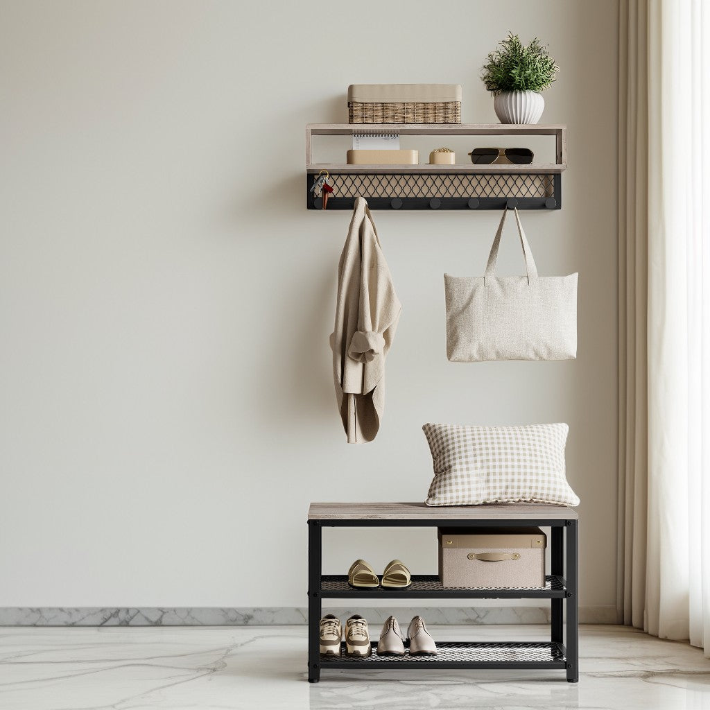 Coat Rack and Shoe Bench Set, 5-in-1 Hall Tree with Dot Coat Hooks, 2-Tier Shoe Storage, Entryway Bench Furniture, Heather Greige
