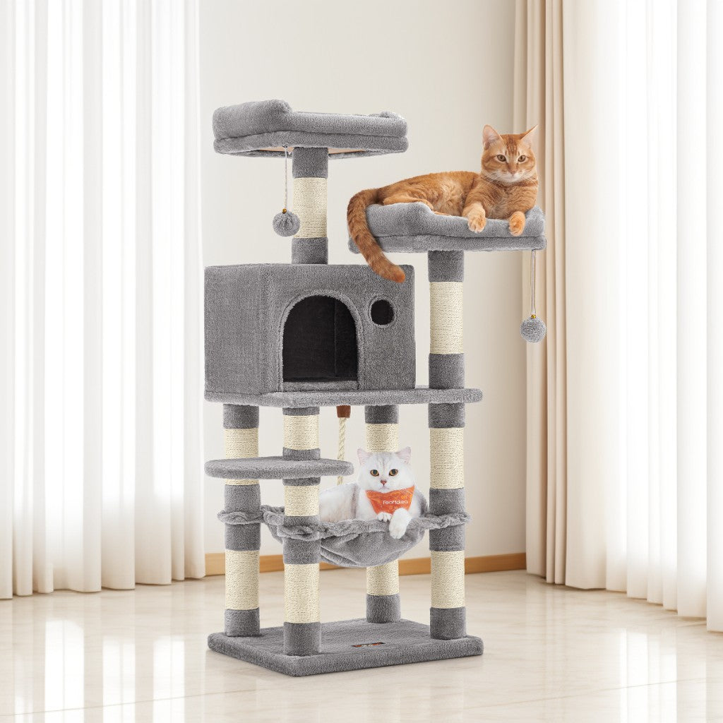 Cat Tree 44.1-Inch Multi-Level Cat Condo with 11 Scratching Posts, Perches, Cave, Hammock, Pompoms, Indoor Cats, Light Gray