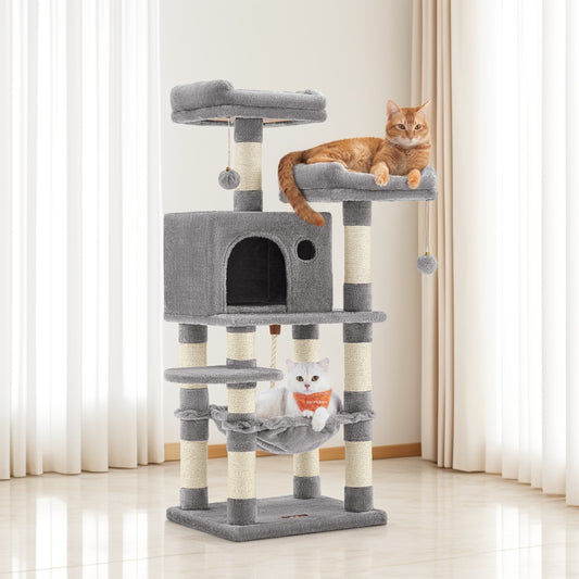 Cat Tree 44.1-Inch Multi-Level Cat Condo with 11 Scratching Posts, Perches, Cave, Hammock, Pompoms, Indoor Cats, Light Gray