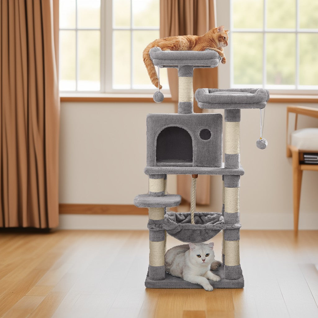 Cat Tree 44.1-Inch Multi-Level Cat Condo with 11 Scratching Posts, Perches, Cave, Hammock, Pompoms, Indoor Cats, Light Gray