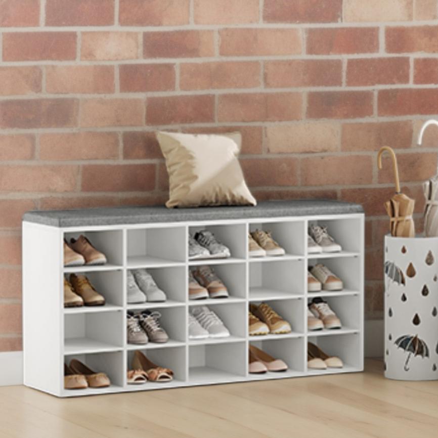 LEDREM Shoe Storage Bench with Padded Seat, Entryway Bench with 20 Open Compartments, Sturdy Shoe Organizer for Bedroom or Hallway, 47.2 Inches, Cloud White and Dove Gray