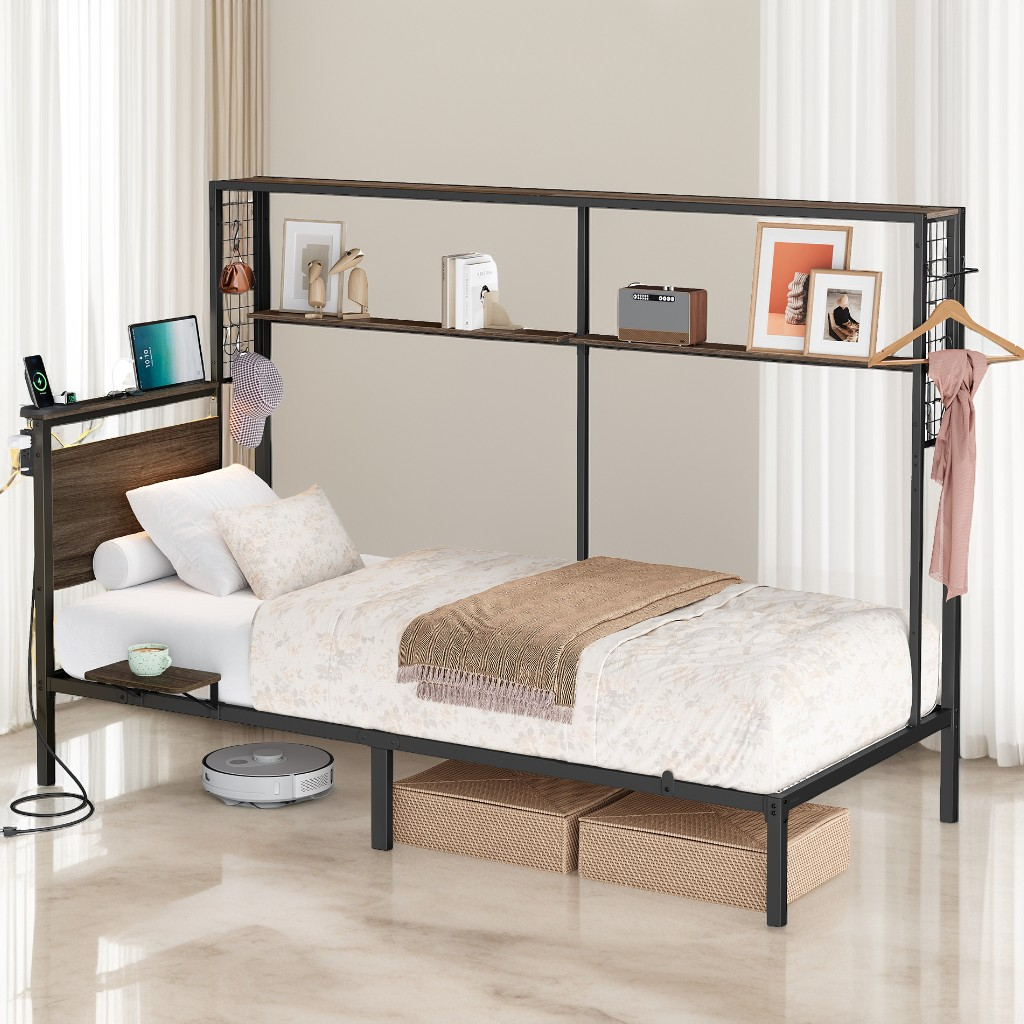 Twin Size All-in-One Metal Bed Frame with Bookshelf, LED Lights & 4-Port Charging Hub, Space-Saving Multifunctional Design, Ash Brown