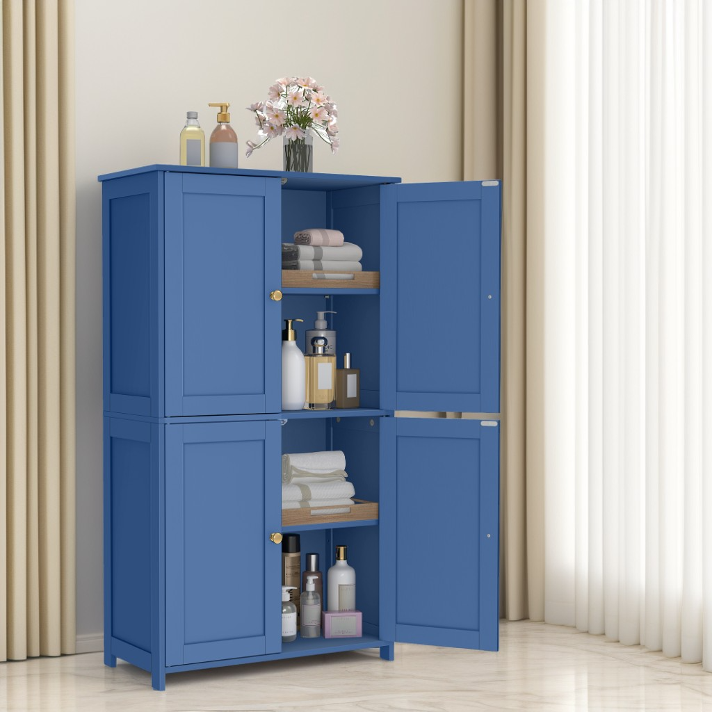Bathroom Storage Floor Cabinet Organizer with Adjustable Shelf 4 Magnetic Doors 43" Wooden Pantry Cabinet Freestanding for Living Kitchen Room Small Spaces,Blue