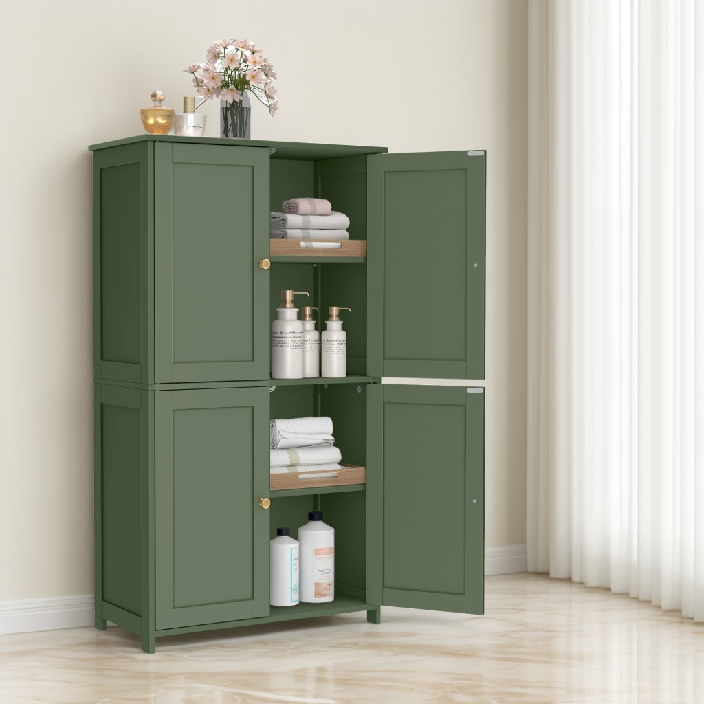 Bathroom Storage Floor Cabinet Organizer with Adjustable Shelf 4 Magnetic Doors 43" Wooden Pantry Cabinet Freestanding for Living Kitchen Room Small Spaces,Green