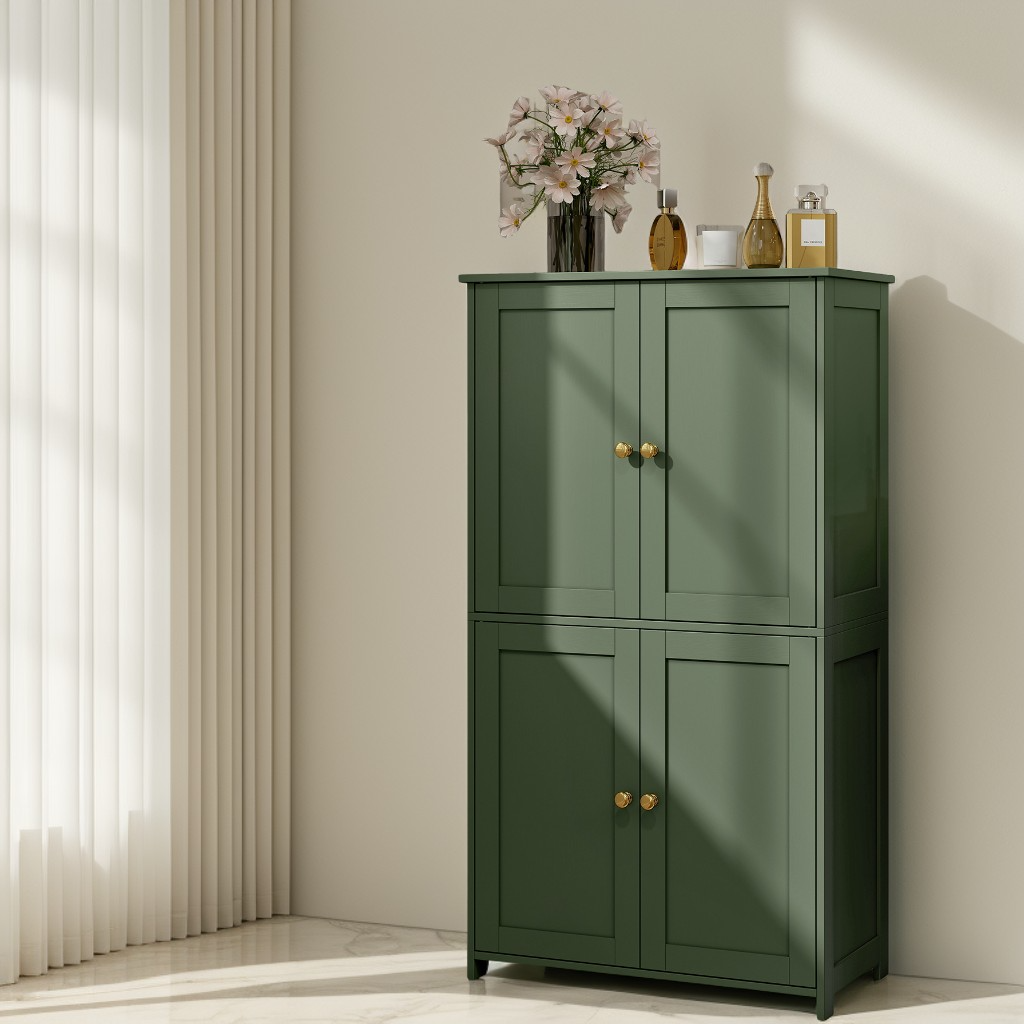 Bathroom Storage Floor Cabinet Organizer with Adjustable Shelf 4 Magnetic Doors 43" Wooden Pantry Cabinet Freestanding for Living Kitchen Room Small Spaces,Green