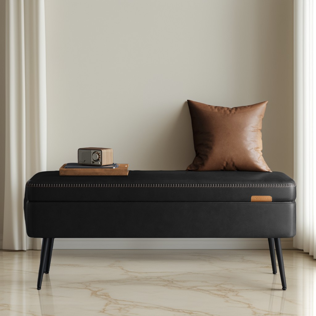 Storage Ottoman Bench, 15 Gal Entryway Bedroom Bench with Safety Hinges, Synthetic Leather Upholstery, 660 lb Capacity, Ink Black