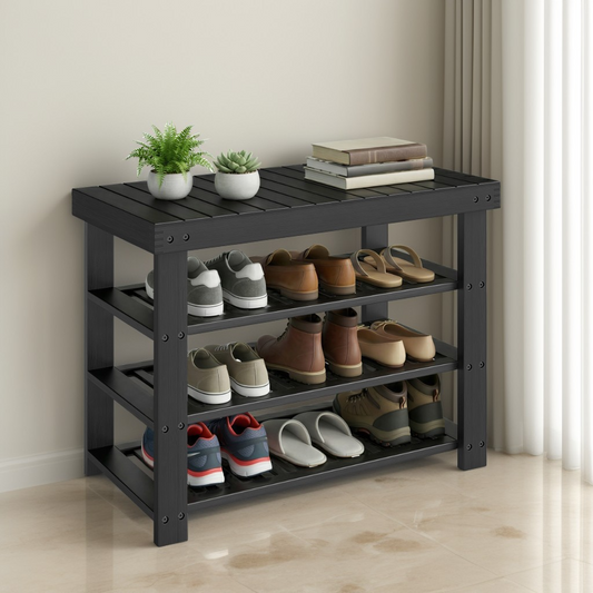 3-Tier Bamboo Shoe Storage Bench, Entryway Organizer with Seating, for Living Room, Bathroom, Bedroom, 27.6" W, Ink Black
