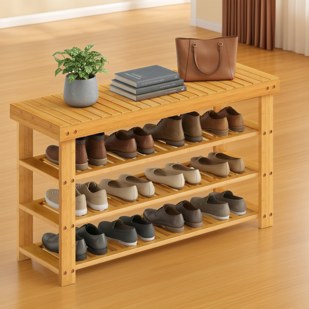 3-Tier Bamboo Shoe Rack Bench with Storage, Entryway Organizer for 12 Pairs of Shoes, Multi-Use Seat for Living Room & Bedroom, Light Bamboo