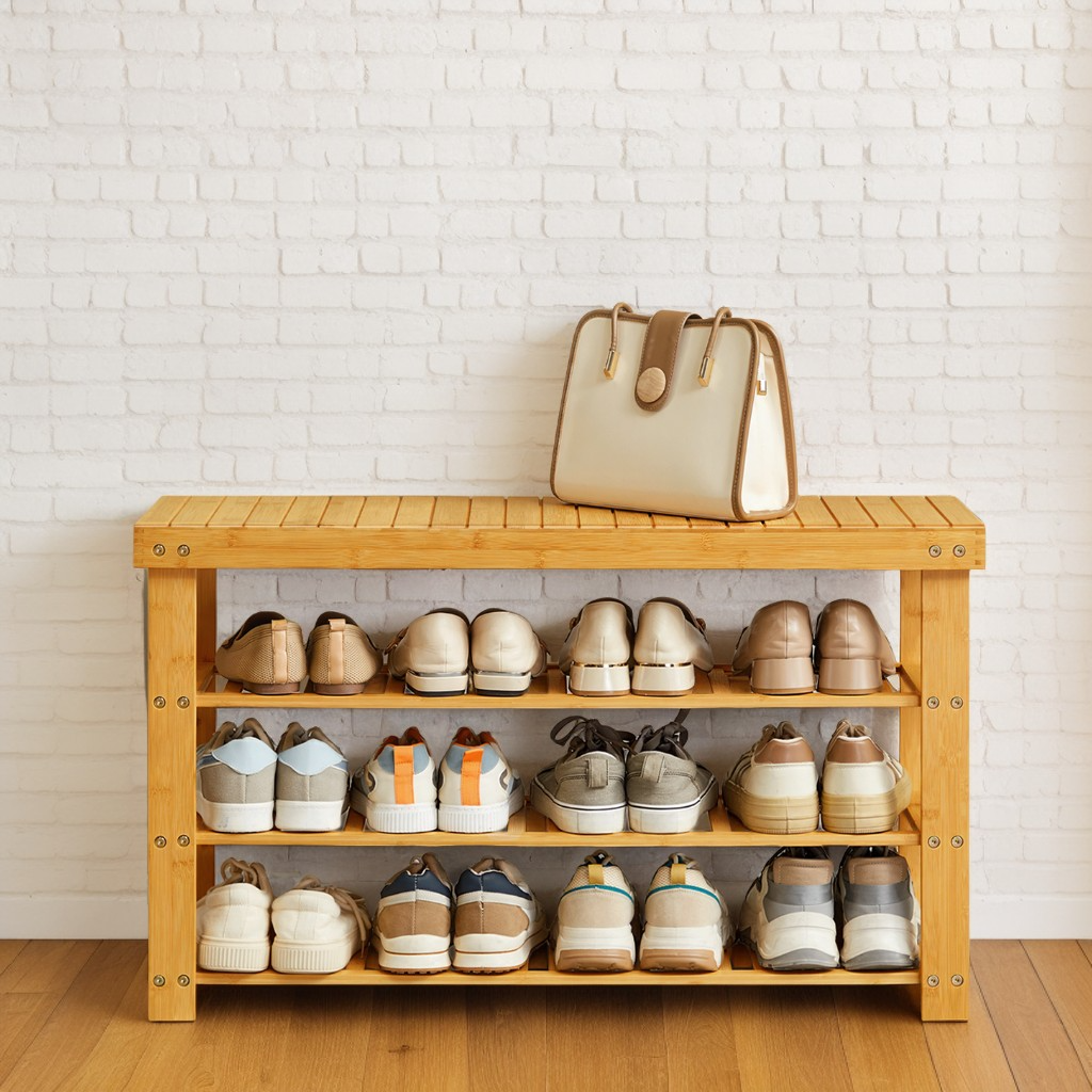 3-Tier Bamboo Shoe Rack Bench with Storage, Entryway Organizer for 12 Pairs of Shoes, Multi-Use Seat for Living Room & Bedroom, Light Bamboo