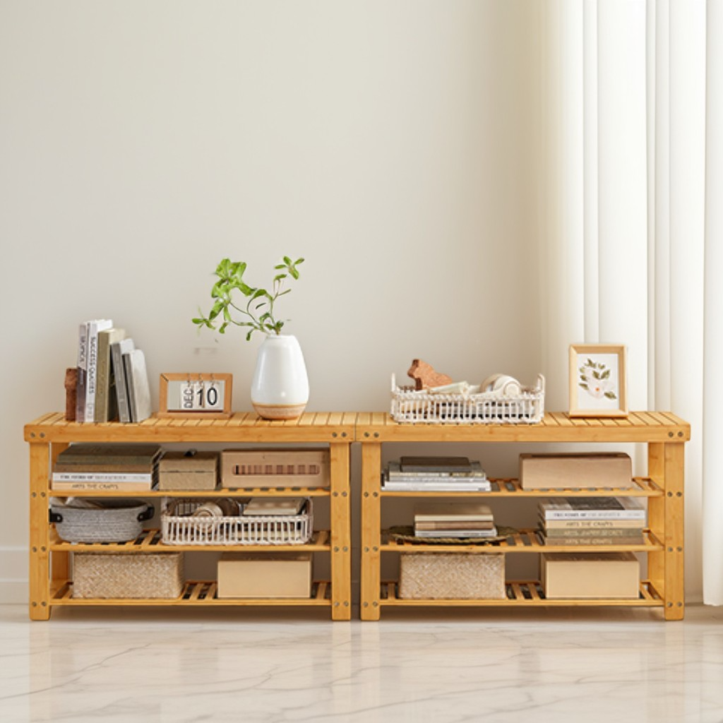 3-Tier Bamboo Shoe Rack Bench with Storage, Entryway Organizer for 12 Pairs of Shoes, Multi-Use Seat for Living Room & Bedroom, Light Bamboo