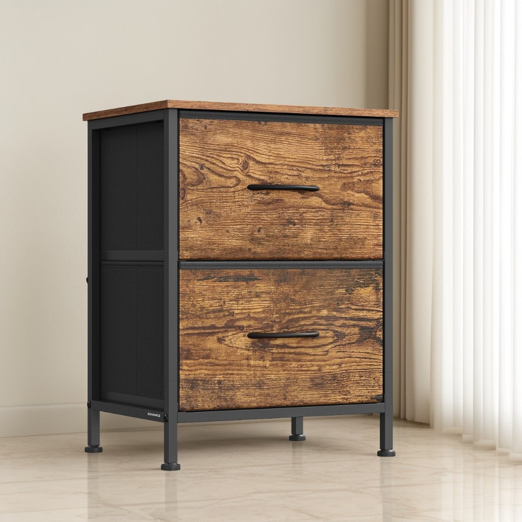 2-Drawer Storage Dresser with Steel Frame, Multi-Use Chest of Drawers for Bedroom, Closet and Entryway, Rustic Brown and Ink Black
