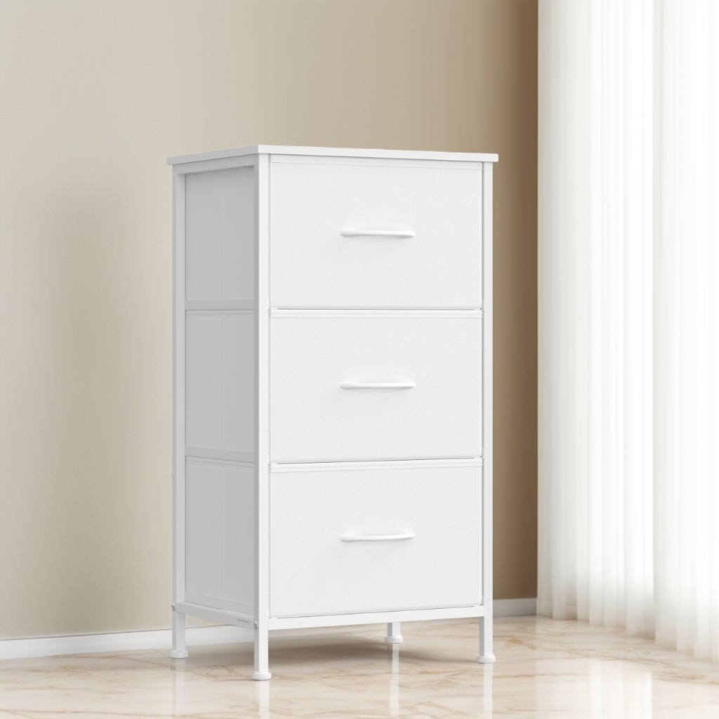 3-Drawer Storage Dresser with Steel Frame, Fabric Drawer Organizer for Bedroom, Closet, and Entryway, Cloud White and Snow White