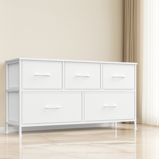 5-Drawer Storage Dresser with Steel Frame, Fabric Drawer Organizer for Bedroom, Closet, and TV Stand Use, Cloud White and Snow White