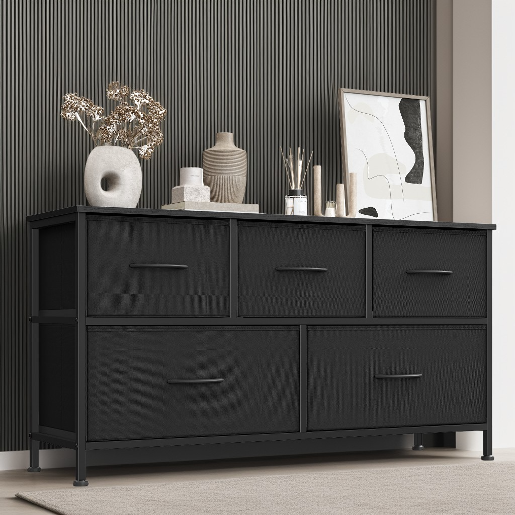 5-Drawer Storage Dresser with Steel Frame, Fabric Drawer Organizer for Bedroom, Closet and TV Stand Use, Ink Black and Ebony Black