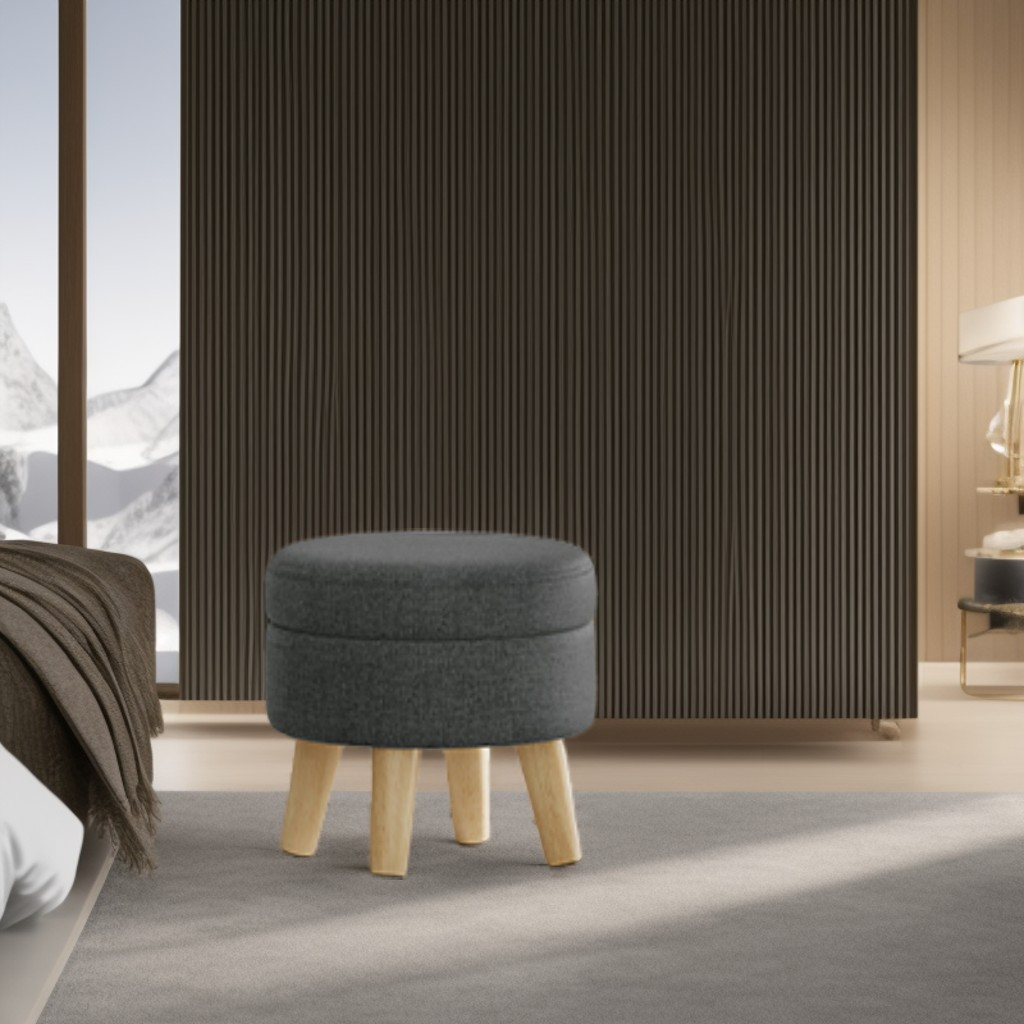 Round Storage Ottoman with Linen-Look Fabric, 12.2-Inch Foot Stool and Small Table for Living Room and Hallway, Slate Gray