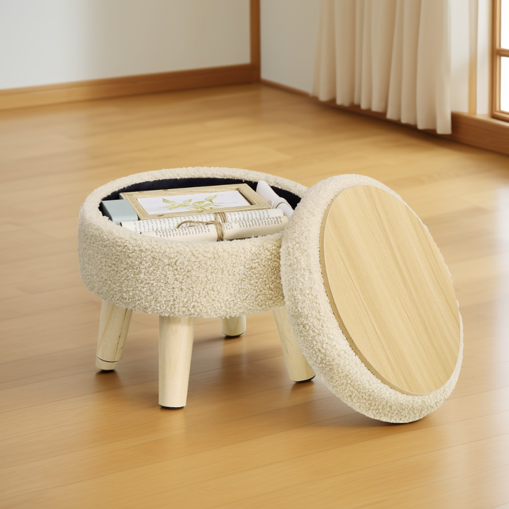 Round Storage Ottoman with Teddy Fleece Seat, 31 cm Foot Stool and Small Table for Living Room and Hallway, Summer Sand