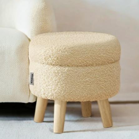 Round Storage Ottoman with Teddy Fleece Seat, 31 cm Foot Stool and Small Table for Living Room and Hallway, Summer Sand