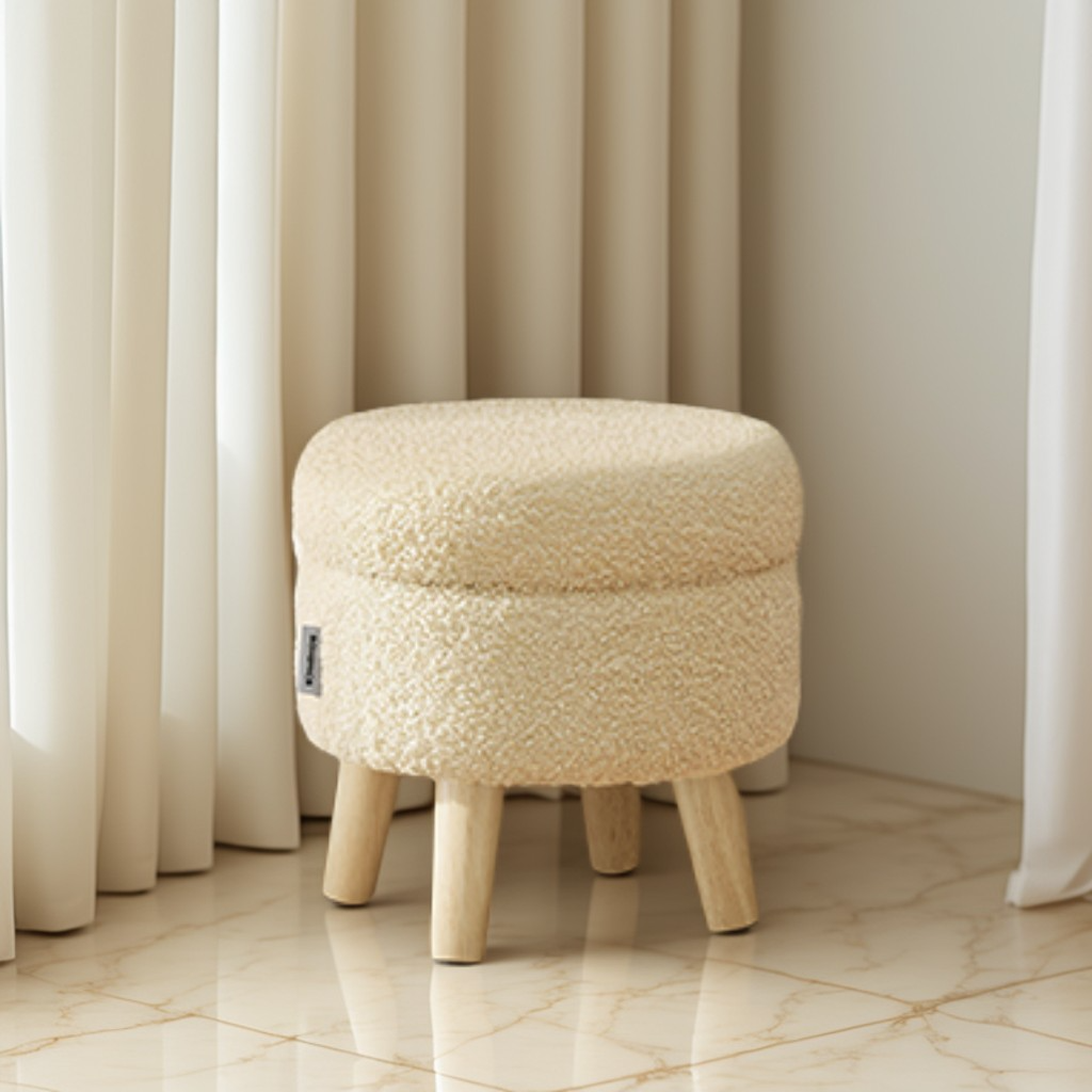 Round Storage Ottoman with Teddy Fleece Seat, 31 cm Foot Stool and Small Table for Living Room and Hallway, Summer Sand