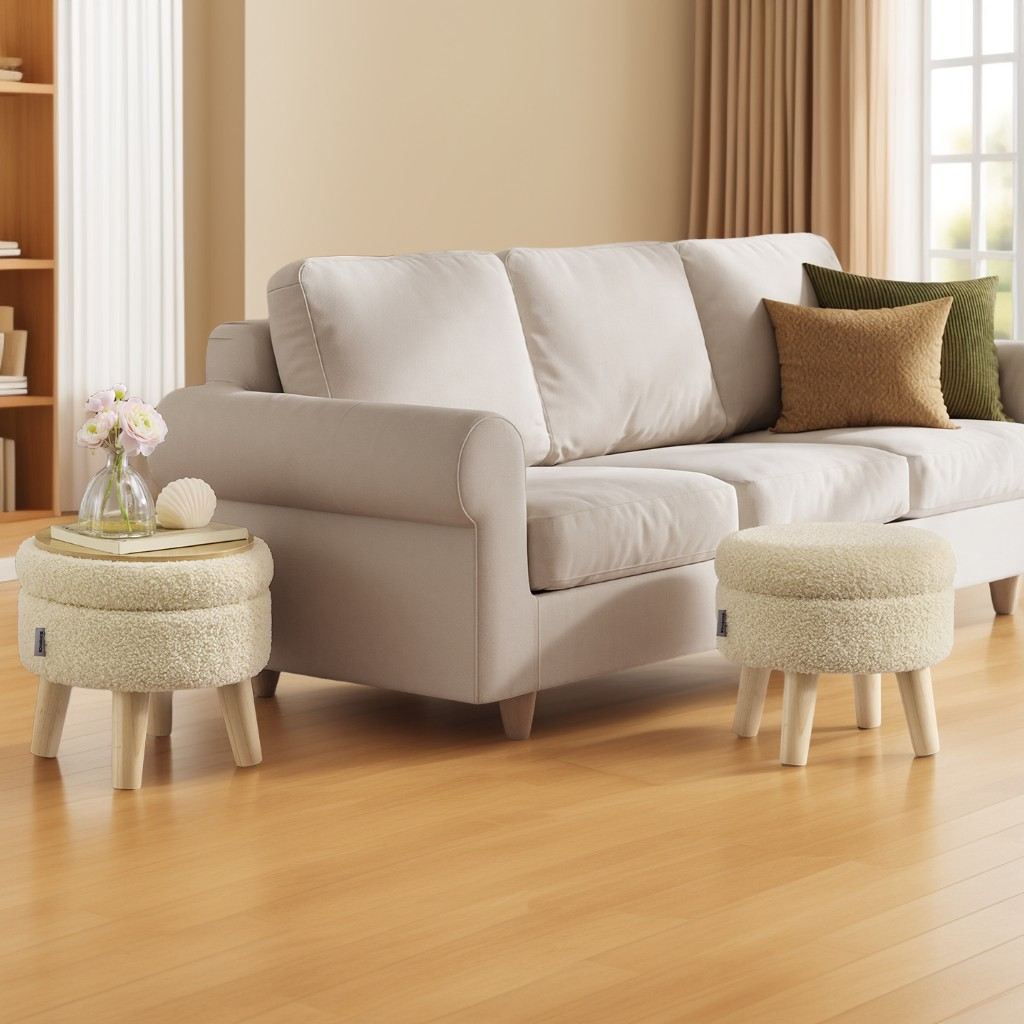 Round Storage Ottoman with Teddy Fleece Seat, 31 cm Foot Stool and Small Table for Living Room and Hallway, Summer Sand