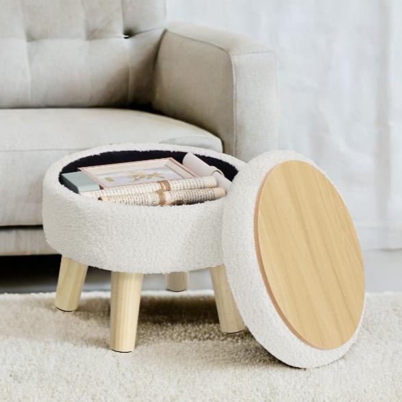 Round Storage Ottoman with Teddy Fleece Seat, 31 cm Foot Stool and Small Table for Living Room and Hallway, White