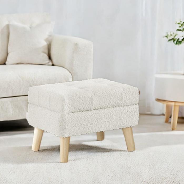 Rectangular Storage Ottoman with Teddy Fleece, 11.8 x 15.7 Inch Foot Stool and Small Table for Living Room and Hallway, Cream White