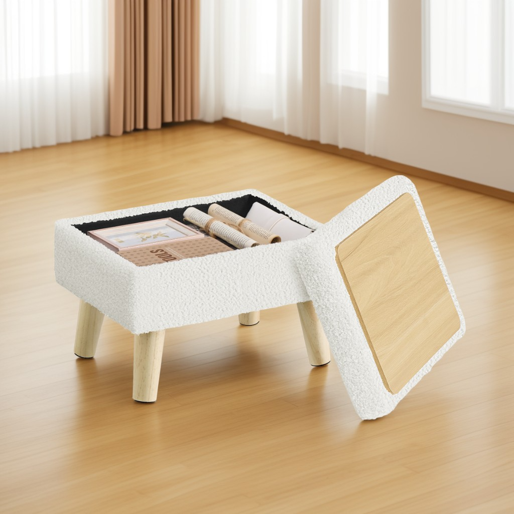Rectangular Storage Ottoman with Teddy Fleece, 11.8 x 15.7 Inch Foot Stool and Small Table for Living Room and Hallway, Cream White