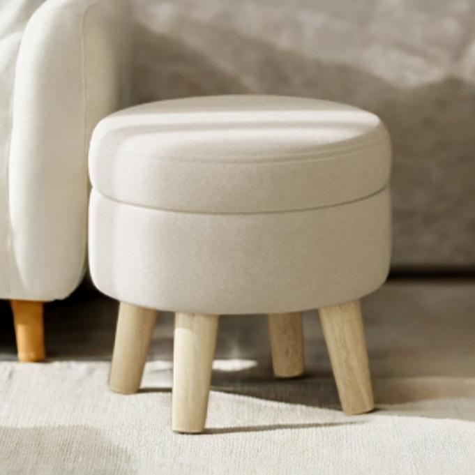 Round Storage Ottoman with Velvet Padded Seat, 12.2-Inch Foot Stool and Small Table for Living Room and Hallway, Cream White