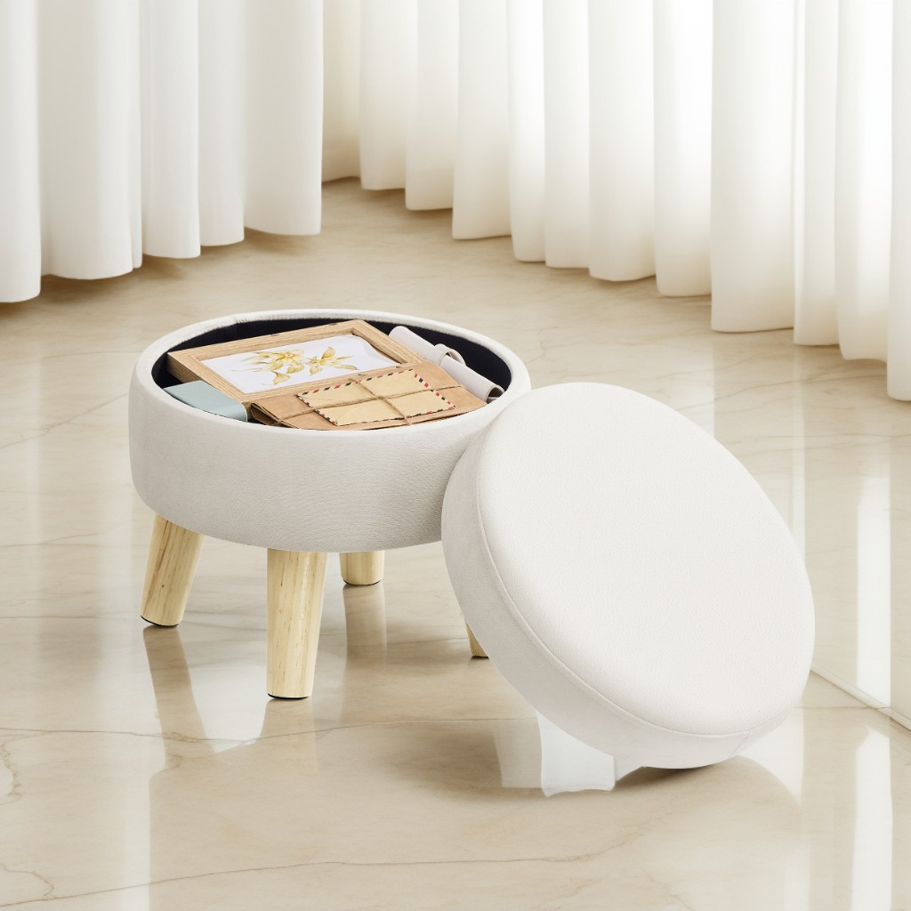 Round Storage Ottoman with Velvet Padded Seat, 12.2-Inch Foot Stool and Small Table for Living Room and Hallway, Cream White