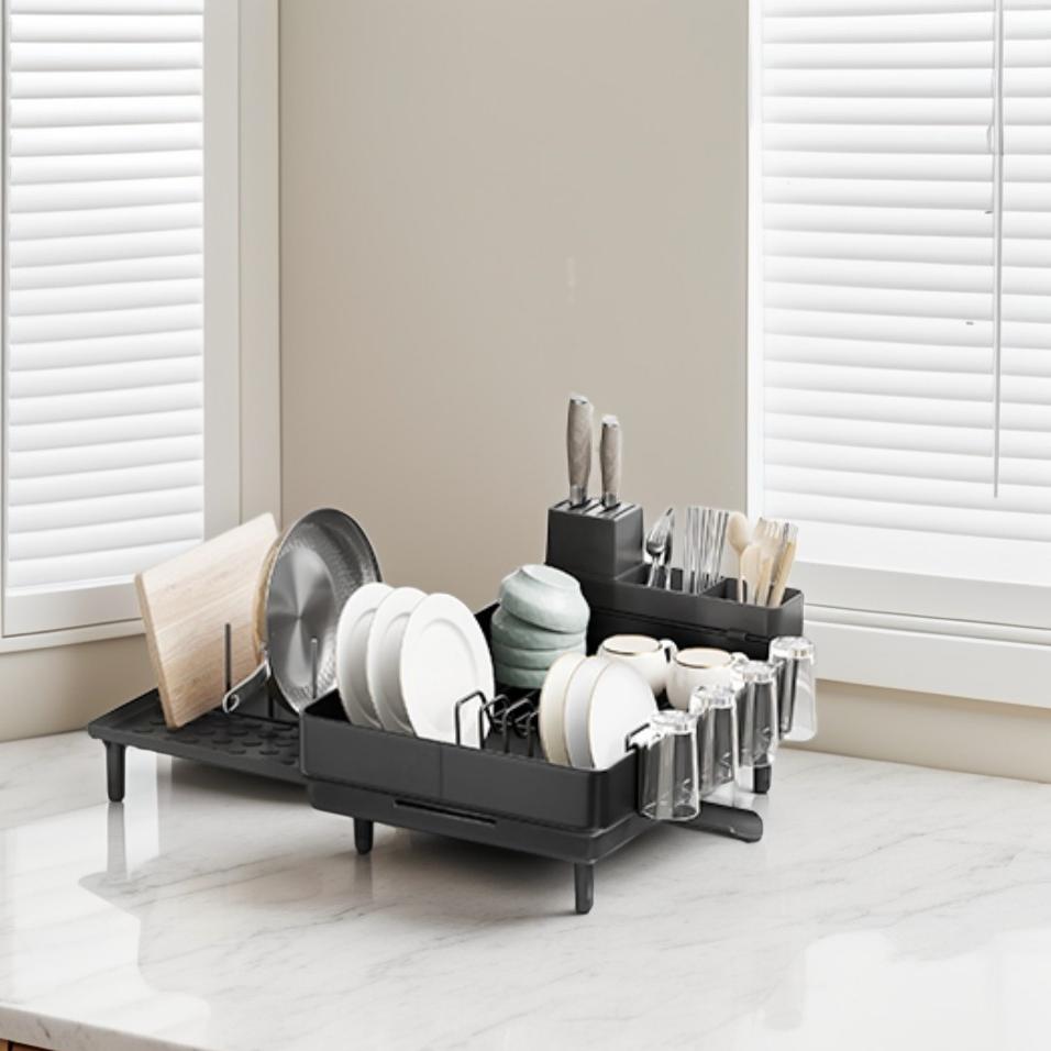 Expandable Dish Drying Rack, Stainless Steel Dish Dryer with Drain Spout and Utensil Holder for Kitchen Counter, Black