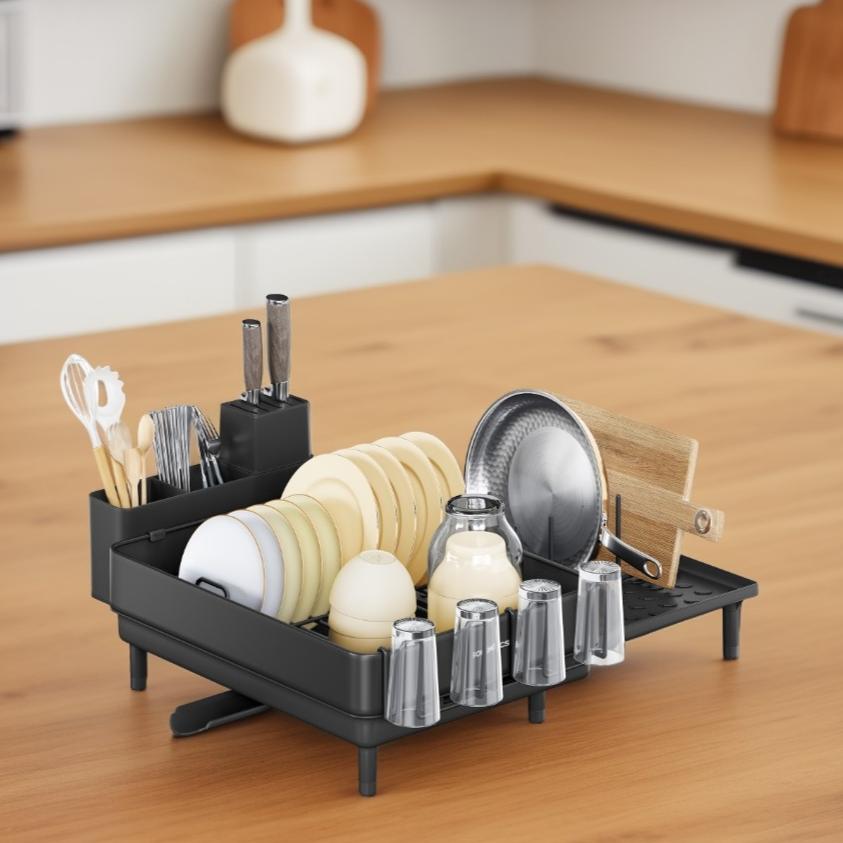 Expandable Dish Drying Rack, Stainless Steel Dish Dryer with Drain Spout and Utensil Holder for Kitchen Counter, Black