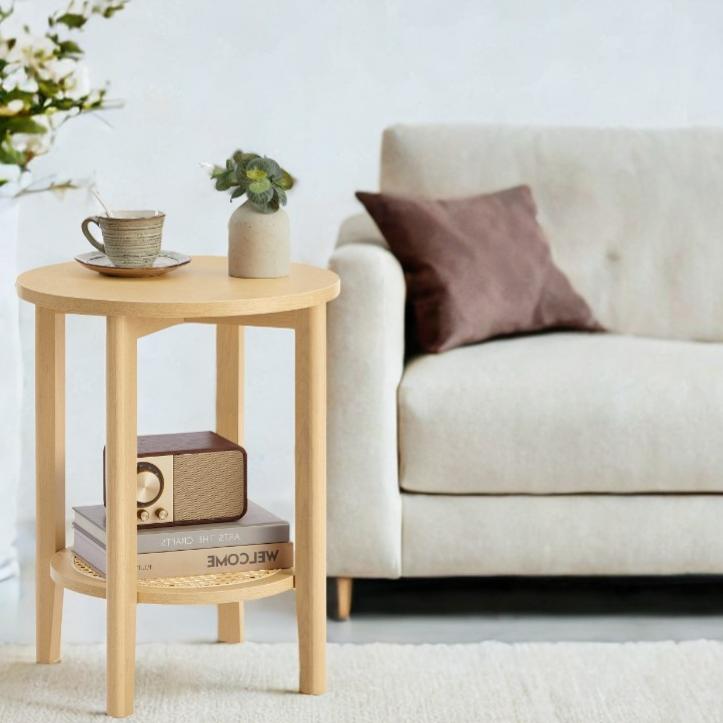 2-Tier Round Side Table with Rattan-Look Shelf, Boho Nightstand for Small Spaces, Living Room and Bedroom, Oak Beige