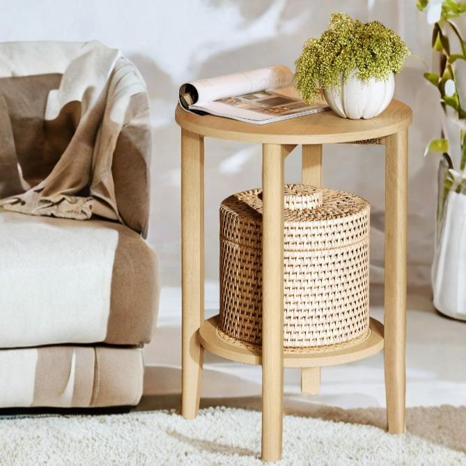 2-Tier Round Side Table with Rattan-Look Shelf, Boho Nightstand for Small Spaces, Living Room and Bedroom, Oak Beige