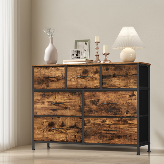 7-Drawer Storage Dresser with Steel Frame, Fabric Drawer Organizer for Bedroom, Closet and TV Stand Use, Rustic Brown and Ink Black