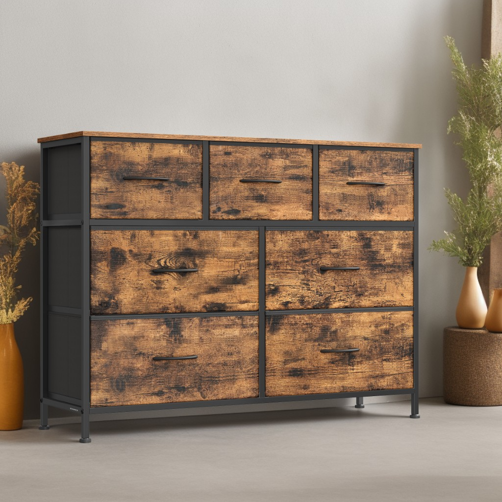 7-Drawer Storage Dresser with Steel Frame, Fabric Drawer Organizer for Bedroom, Closet and TV Stand Use, Rustic Brown and Ink Black