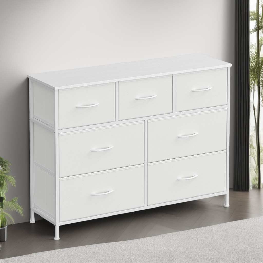 Modern 2-Drawer Storage Dresser, Steel Frame Fabric Chest of Drawers for Bedroom, Closet or Entryway, Cloud White and Snow White
