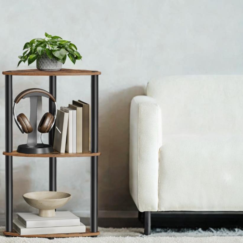 3-Tier Corner Shelf with Toolless Assembly, 15 x 10.6 Inch Standing Shelf for Living Room, Bedroom and Kitchen, Rustic Brown
