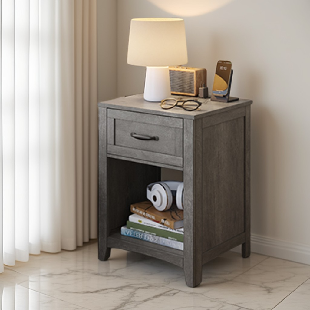 Set of 2 Farmhouse Nightstands with Charging Station, Side Tables with Drawer and Open Shelf for Bedroom, Misty Gray