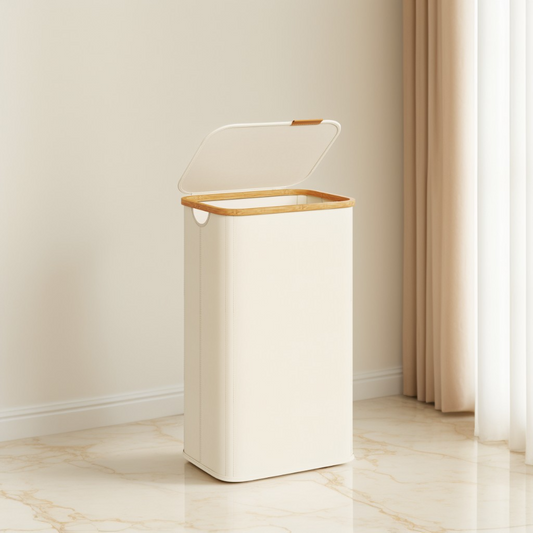 26.4 Gallon Laundry Hamper with Lid, Foldable Bamboo Frame Storage Basket for Bedroom and Living Room, Cream White