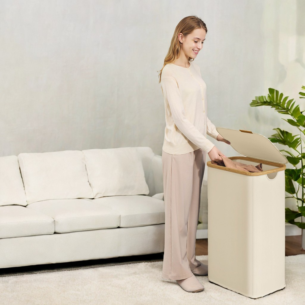 26.4 Gallon Laundry Hamper with Lid, Foldable Bamboo Frame Storage Basket for Bedroom and Living Room, Cream White