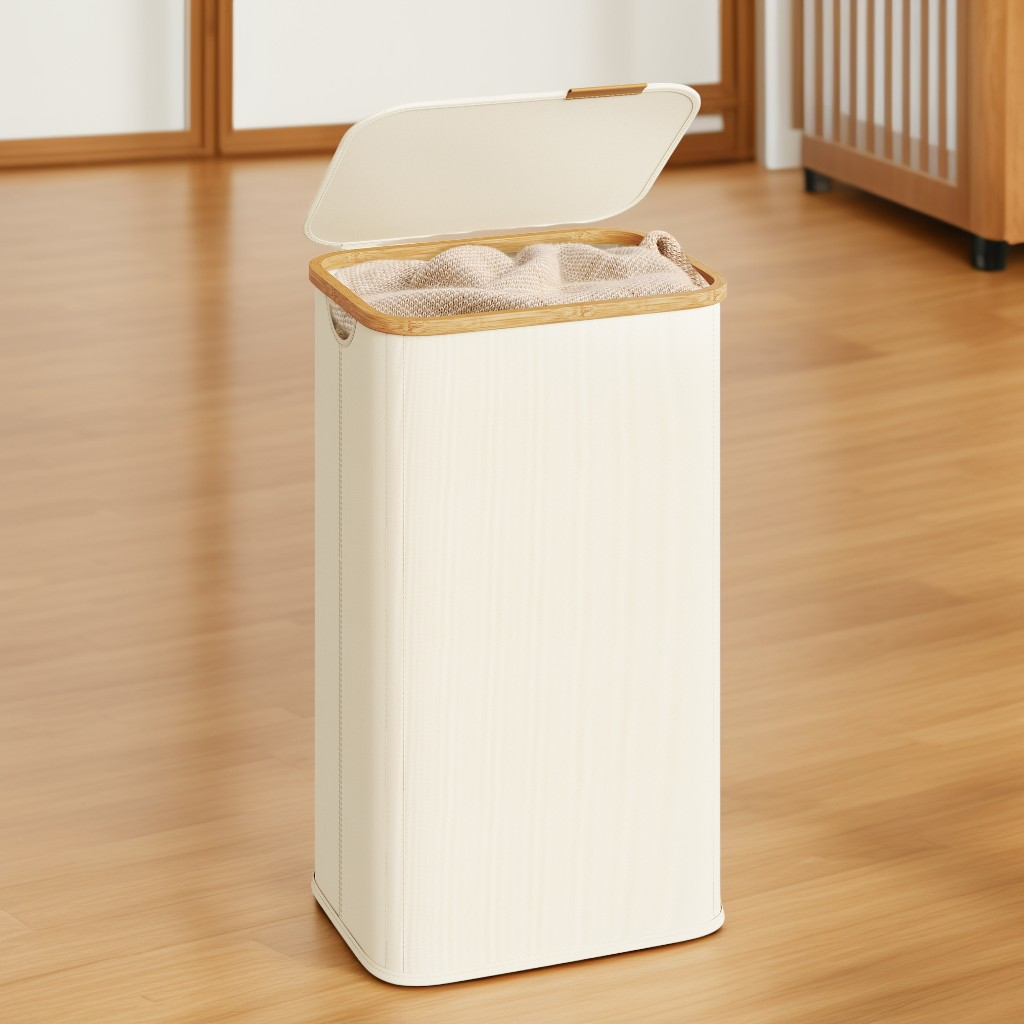 26.4 Gallon Laundry Hamper with Lid, Foldable Bamboo Frame Storage Basket for Bedroom and Living Room, Cream White