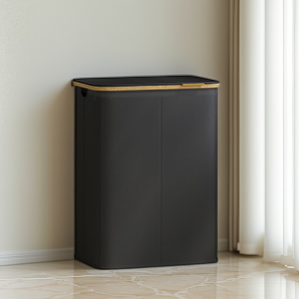 26.4 Gallon Laundry Hamper with Lid, Foldable Bamboo Frame Storage Basket for Bedroom and Living Room, Ink Black