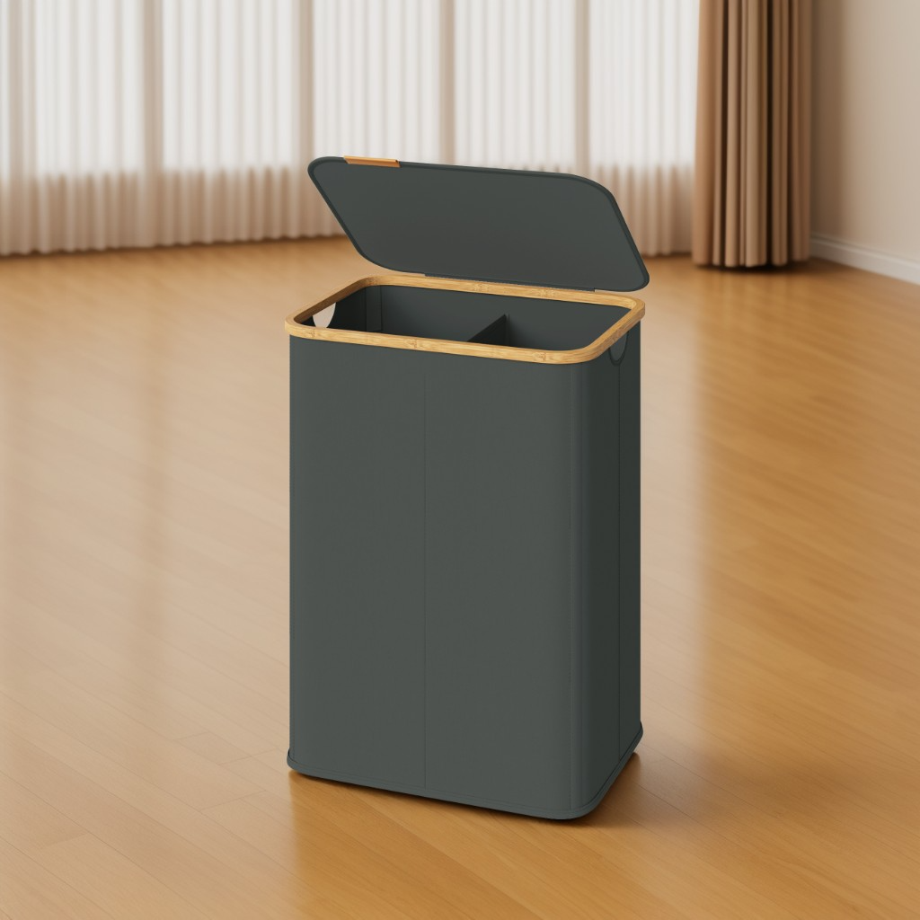 26.4 Gallon Laundry Hamper with Lid, Foldable Bamboo Frame Storage Basket for Bedroom and Living Room, Slate Gray